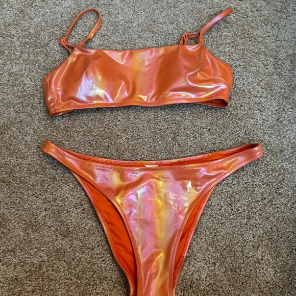 Aerie Swim Aerie Metallic Straight Scoop Bikini Top And Low Rise